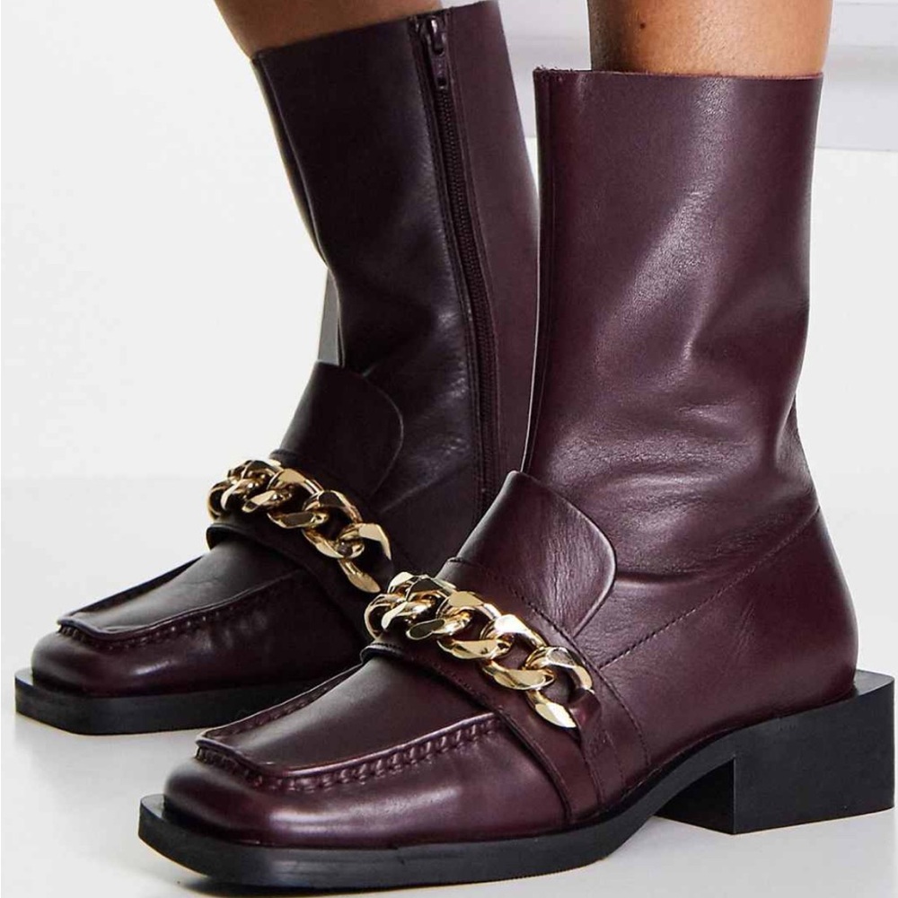 ASOS Burgundy Ankle Boots with Gold Chain